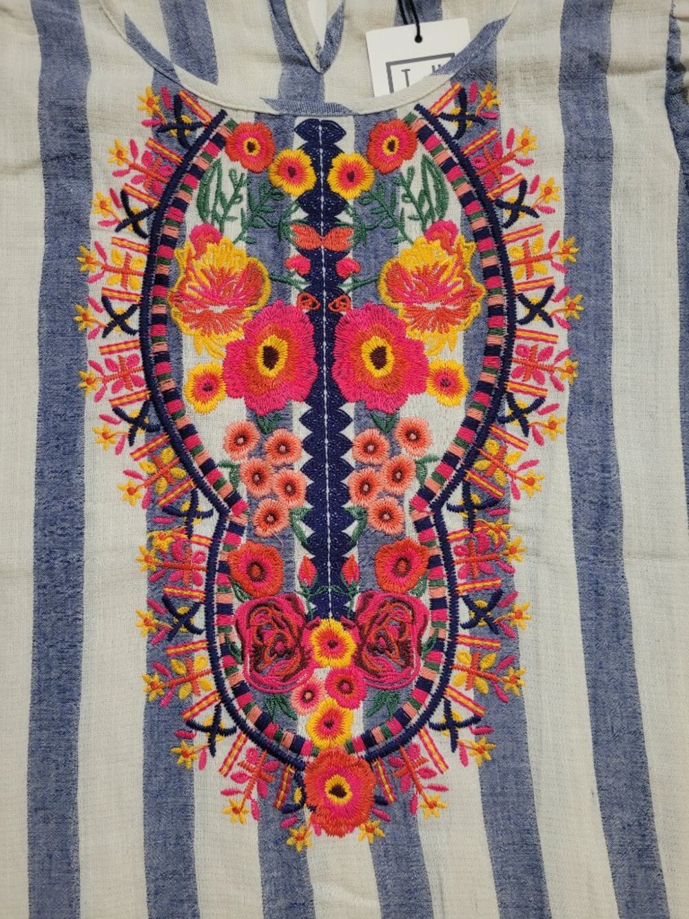 THML Floral Embroidered Ruffle Sleeve Boho Top Blue Striped Large NEW Coastal - Picture 3 of 9